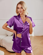 Ekouaer 2 Pack Pajama Sets for Women Silk Satin Pj Short Sleeve Button Down Sleepwear Top and Shorts Summer Lounge Set S-XXL