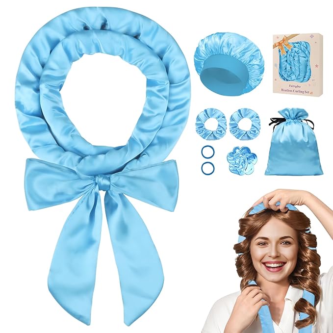 Satin Heatless Hair Curler Curls Overnight Hair Curlers to Sleep in, Hair Curlers No Heat Curls Overnight, Heatless Curling Set for Women Long Hair - 8 Pcs (Blue)