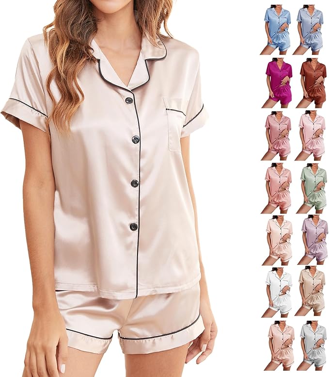 WJing Yi Jia Womens Silk Satin Pajamas Loungewear Two-Piece Sleepwear Button-Down Floral Pj Set XS-4XL