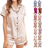 WJing Yi Jia Womens Silk Satin Pajamas Loungewear Two-Piece Sleepwear Button-Down Floral Pj Set XS-4XL