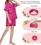 EPLAZA Kids Satin Pajamas Sets Girls Boys Button-Down Silky Pajamas Sleepwear with Hairband Eye Mask Hair Tie