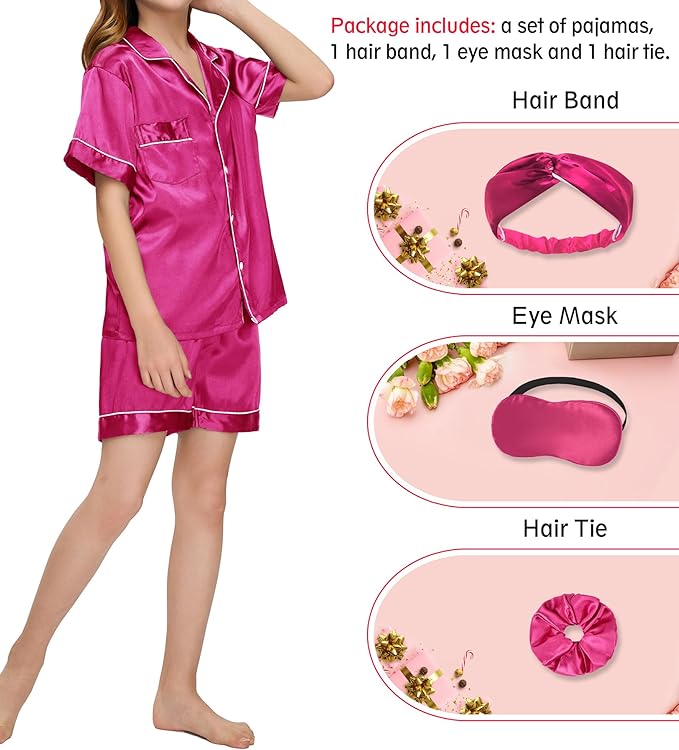 EPLAZA Kids Satin Pajamas Sets Girls Boys Button-Down Silky Pajamas Sleepwear with Hairband Eye Mask Hair Tie