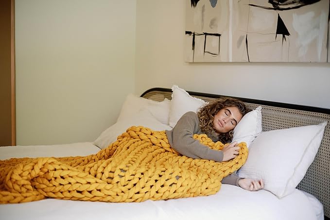 Nuzzie Original Knit Weighted Blanket- Breathable, Cooling, Hand Made Knit Throw Blanket for Sleep - Machine Washable, Stylish Design (Marigold, Full | 16lbs | 48"x72")