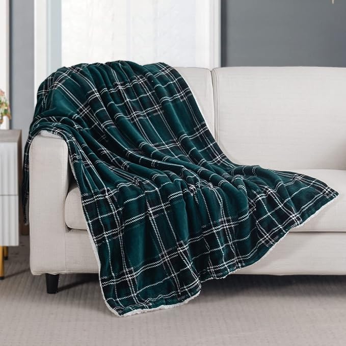 Elegant Comfort Throw Blanket, Reversible Sherpa Flannel, Ultra-Soft, Fuzzy, Cozy and Plush- All Season Lightweight Decorative Throw, 50 x 60 inches, Plaid Design Sherpa Throw, Green