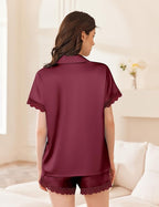 Ekouaer Womens Lace Satin Pajama Set Button Down Pj Shorts Set Bridesmaids Getting Ready Outfits Casual Sleepwear XS-XXL