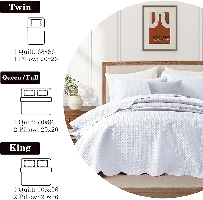 IR Imperial Rooms California King Quilt Bedding Set Size (118"x106") + 2 Pillow Shams (20" x 36"+ 2") - 3 Pcs All Season Reversible Microfiber Coverlet Embossed Quilt Bedspread (White)