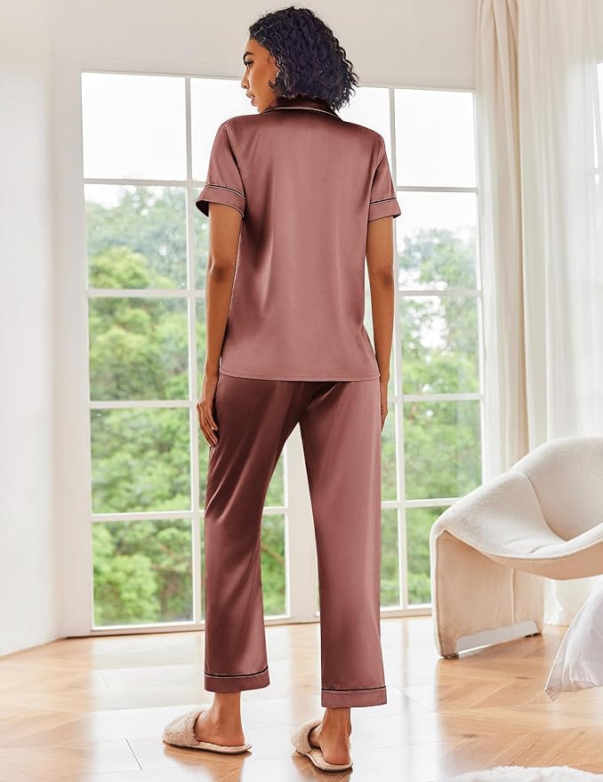 Ekouaer Silk Satin Pajamas Set Women Short Sleeve Sleepwear Soft Button Down Loungewear Pjs Set