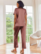 Ekouaer Silk Satin Pajamas Set Women Short Sleeve Sleepwear Soft Button Down Loungewear Pjs Set