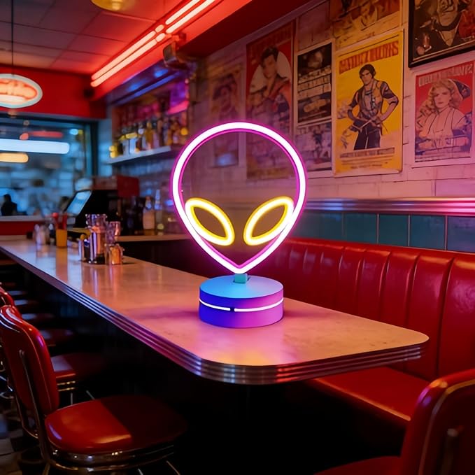 Alien Neon Sign Lamp Lamp Dimmable LED with Standable Base and Touchable Switch,USB or 3-AA Battery Powered Neon Signs LED Desktop Wall Decoration for Party, Bedroom ，Birthday Christmas Gift