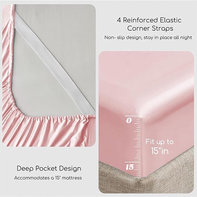 MR&HM Satin Bed Sheets, King Size Sheets Set, 4 Pcs Silky Bedding Set with 15 Inches Deep Pocket for Mattress (King, Light Pink)
