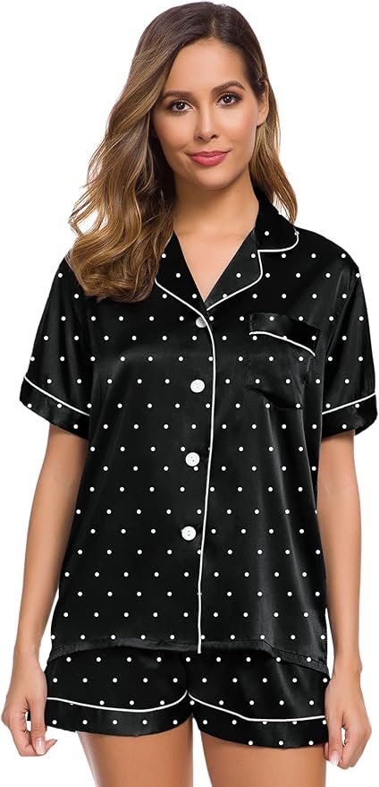 SWOMOG Womens Silk Satin Pajamas Set Short Sleeve Sleepwear Button Down Top and Shorts Loungewear 2 Piece Pjs Set XS-3XL