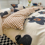 CLOTHKNOW Black Floral King Size Comforter Set Sunflower Bedding Comforter Sets Brown Plaid Comforter Boho Comforter with 2 x Pillow Cases