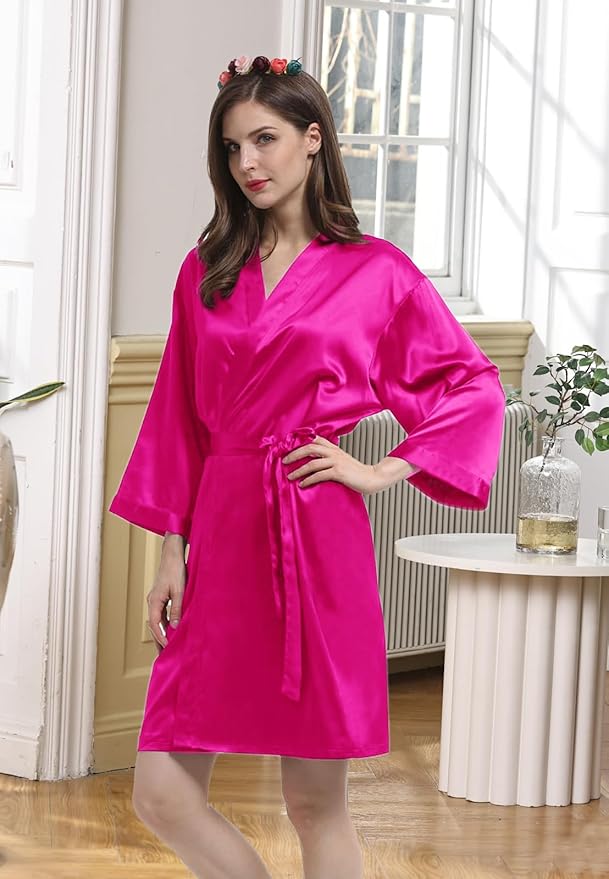 WJing Yi Jia Womens Satin Kimono Robe Silky Robes Floral Bathrobe Bride Bridesmaid Wedding Bridal Dressing Gown Loungewear