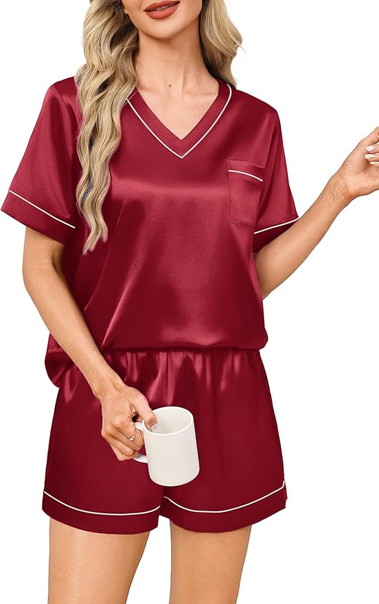 WIHOLL Silk Pajamas for Women Short Sleeve Sleepwear Soft Lounge Sets 2 Piece Satin Pjs
