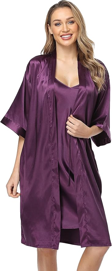 Women's Satin Robes Set with Nightgown Silk Kimono Pajamas 2 Piece Sleepwear Camisole Wedding Bride Gown Set