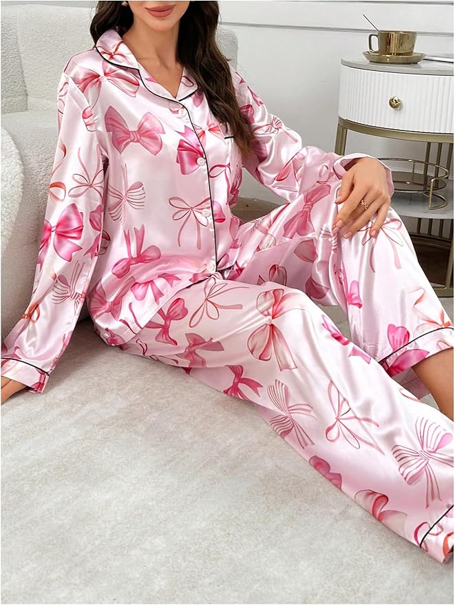 WDIRARA Women's 2 Piece Bowknot Print Satin Pajama Set Long Sleeve Button Down Lounge Pants Sleepwear Sets
