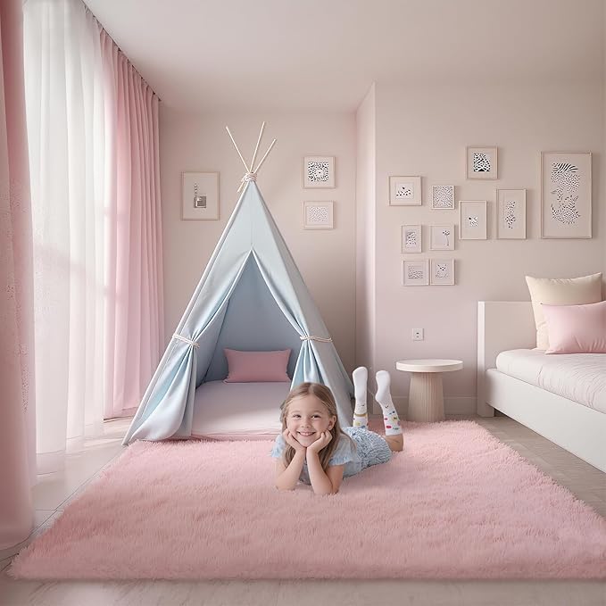 Shag Pink Rug, Rugs for Bedroom Girls Kids Room, 6x9 Ultra Soft Fluffy Area Rugs for Drom, Kids Room, Nursery, Study, Playroom, Easy Clean, Indoor Carpet for Living Room, Modern Carpet Décor