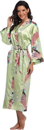 Valennia Women Long Silky Bathrobe Satin Kimono Robe Floral Printed Dressing Gown Sleepwear