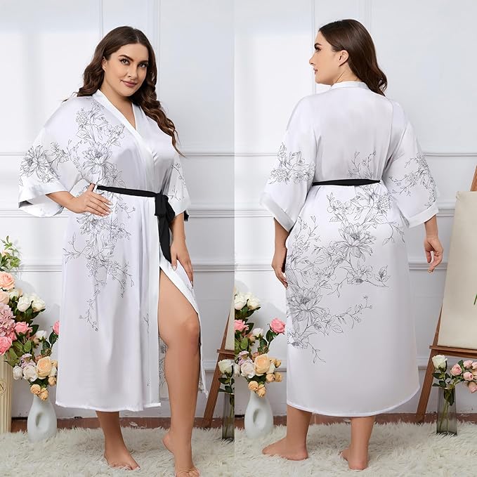 Kihnop Women's Floral Long Kimono Robe Long Satin Robe Long Silk Robe Ladies Kimonos Silky Bathrobe Cover Up, One Size