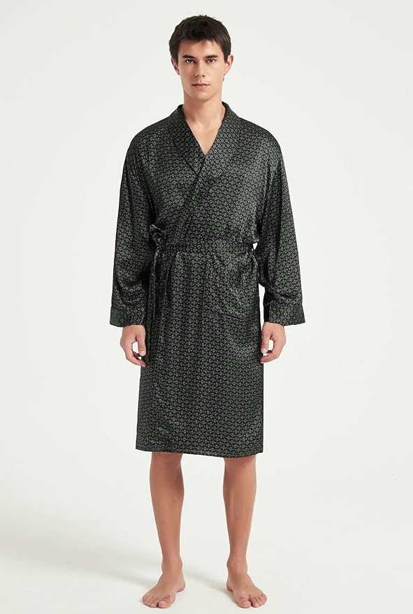 Men's 100% Mulberry Silk Long Robe Kimono Paisley Print Bath Robe, Heavy Silk 19 Momme Dressing Gown