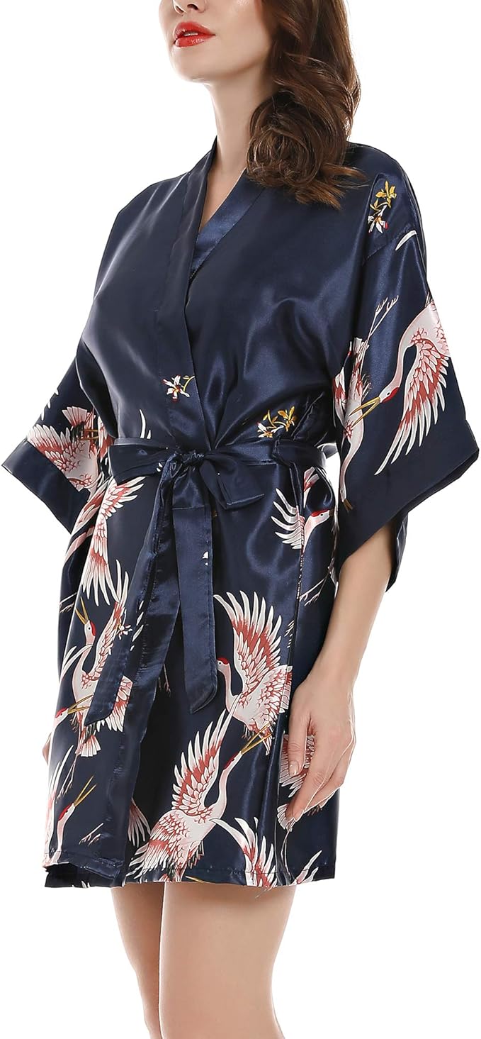 Women Kimono Robes Satin Dressing Gown Crane and Blossoms Sleep Lounge Nightwear Short Silk Bride Bridesmaid Robe