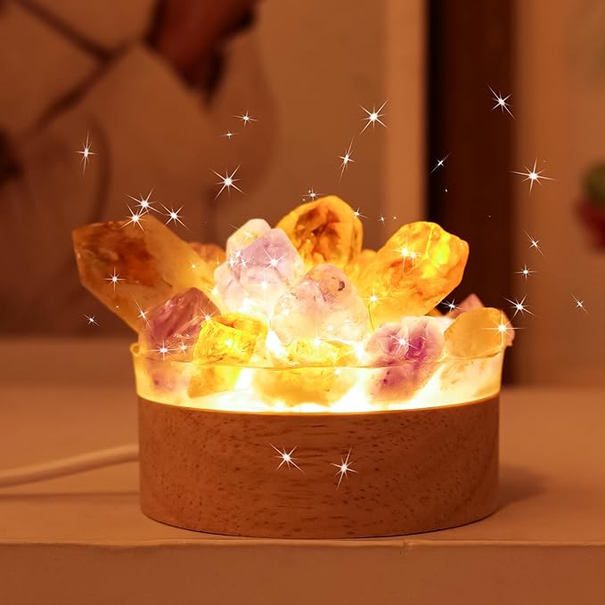 Runyangshi Natural Crystal Night Lamp Bedroom Bedside Sleep Night Light Citrine Amethyst Healing Crystal Gemstone Quartz Ambient Light USB Powered Night Decoration Desktop Ornament for Home Decor Gift