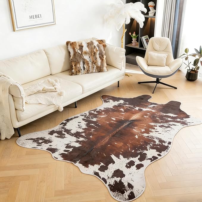Cow Print Rug, Faux Fur Western Rug 5.2x6.5 Feet Non-Slip Animal Print Washable Faux Cashmere Carpet for Living Room, Western Bedroom Decor, Rustic Farmhouse Home Office