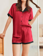 Ekouaer Womens Silk Satin Pajama Set Short Sleeve PJs 2 Piece Button Down Top and Shorts Notch Collar Sleepwear Sets Soft Pjs