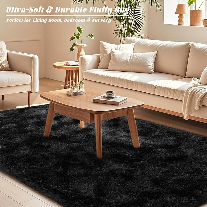Black Rugs for Bedroom 9x12 ft Large - Ultra Soft Faux Fur Area Rug - Plush Non-Slip Shaggy Carpet for Living Room, Cozy Fluffy Rug for Kids Boys Girls Dorm Nursery Room, High Pile Floor Carpet
