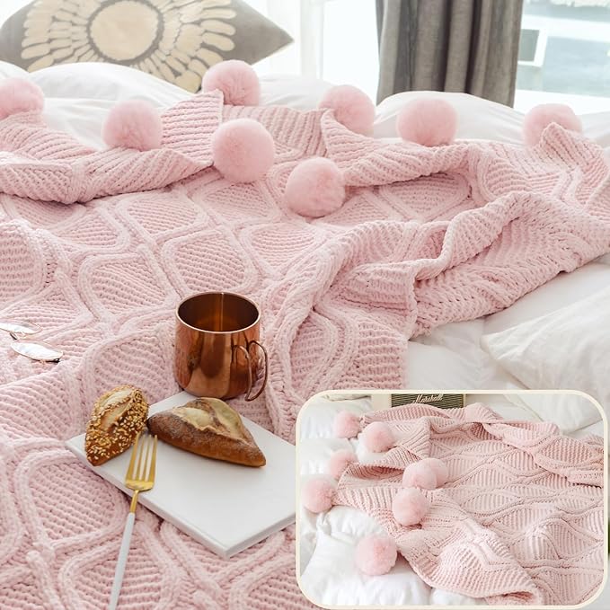 ATMOSURELY Ultra Soft Chenille Cable Knit Throw Blanket with Handmade Pom Poms Cozy Fluffy Knitted Blanket Lightweight Warm Woven Farmhouse Blanket for Bed Sofa Couch 50x60 Inches (Geometry Pink)