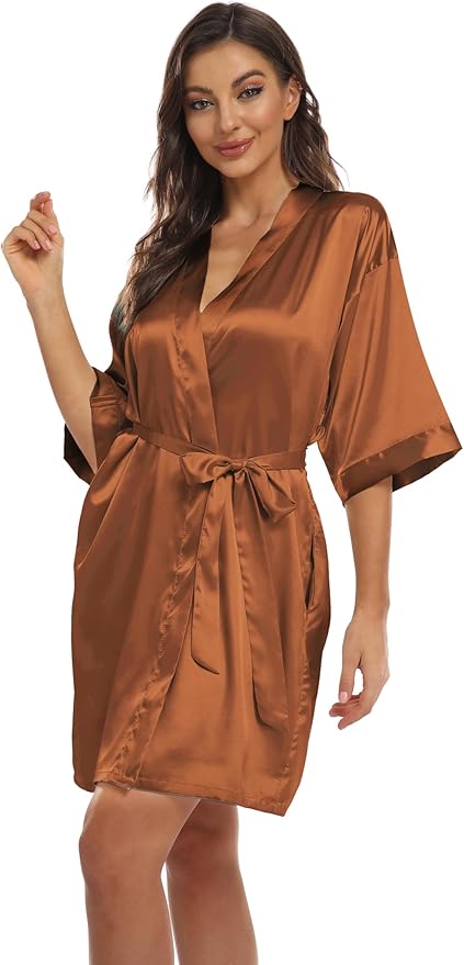 Women's Pure Short Kimono Robes Bride Bridesmaids Silky Bathrobe Lightweight Satin Sleepwear