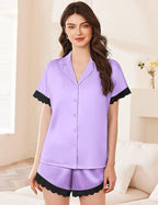 Ekouaer Womens Lace Satin Pajama Set Button Down Pj Shorts Set Bridesmaids Getting Ready Outfits Casual Sleepwear XS-XXL