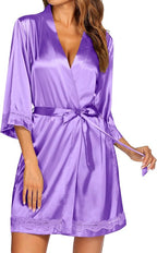 Ekouaer Women's Lace-Trim Silk Robes Bride Bridesmaid Kimono Satin Bathrobe V Neck Sleepwear with 3/4 Sleeve