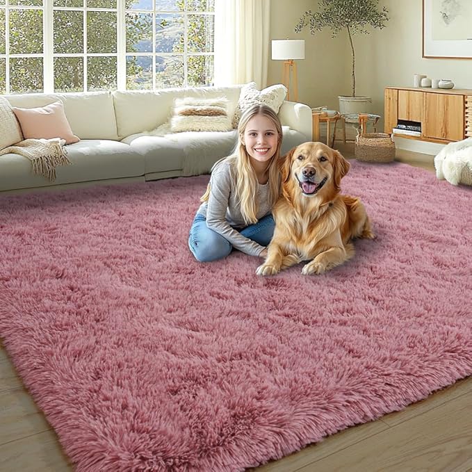 KING DARE 9x12 Large Area Rugs for Living Room, Blush Fluffy Shag Rug for Bedroom and Nursery, Non-Slip Big Fuzzy Carpet for Kids, Girls, Boys Room Dorm Home Decor Aesthetic
