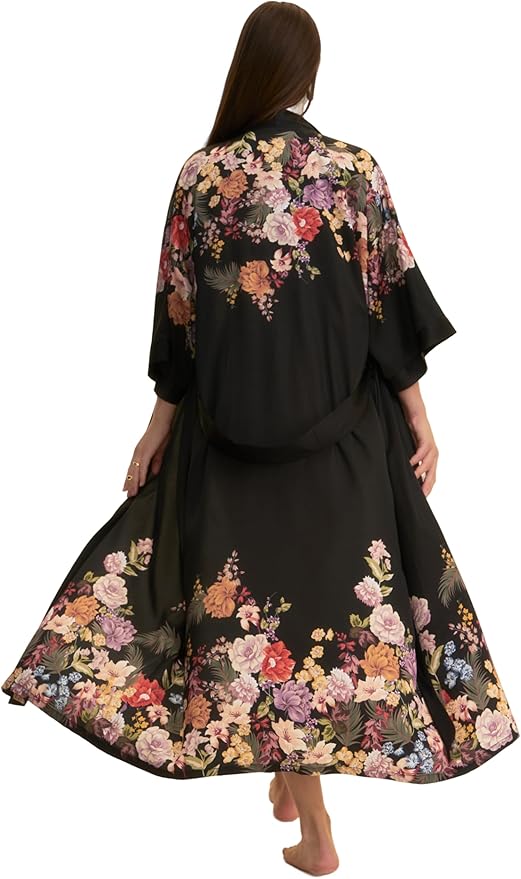 Kihnop Women's Floral Long Kimono Robe Long Satin Robe Long Silk Robe Ladies Kimonos Silky Bathrobe Cover Up, One Size