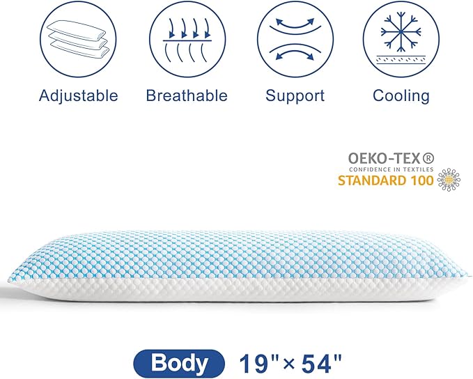 EASELAND Firm Pillows Shredded Memory Foam with Adjustable Fill - Body Size Set of 1, Removable Cooling Cover for Hot Sleepers, Cool Bed Pillow for Side Back Stomach Sleepers