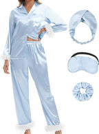 MORFORU Satin Pajama Set for Women Feather Trim Long Sleeve Pjs with Sleep Mask Headband Scrunchie Sleepwear Lounge Set