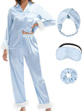 MORFORU Satin Pajama Set for Women Feather Trim Long Sleeve Pjs with Sleep Mask Headband Scrunchie Sleepwear Lounge Set
