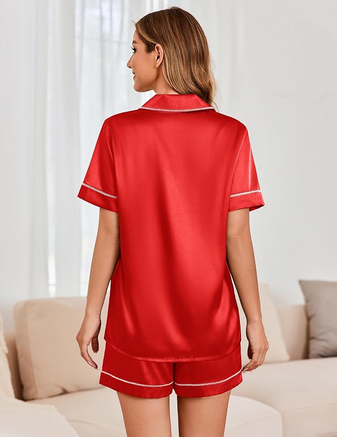Ekouaer Womens Satin Silk Pajamas Set Short Sleeve Sleepwear Button Down Top and Shorts Loungewear 2 Piece Pjs Set S-XXL