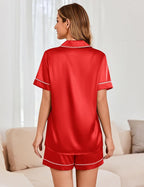 Ekouaer Womens Satin Silk Pajamas Set Short Sleeve Sleepwear Button Down Top and Shorts Loungewear 2 Piece Pjs Set S-XXL