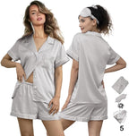WJing Yi Jia 5Pcs Womens Soft Satin Pajama Set XS-4XL Button-Down Silk Pajamas Floral Sleepwear Bridal Pjs Lounge Pj Sets