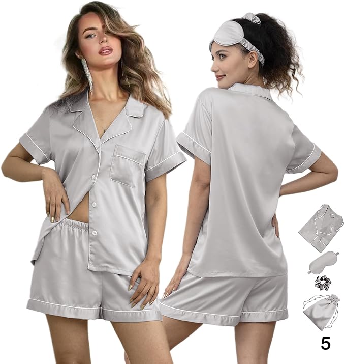 WJing Yi Jia 5Pcs Womens Soft Satin Pajama Set XS-4XL Button-Down Silk Pajamas Floral Sleepwear Bridal Pjs Lounge Pj Sets