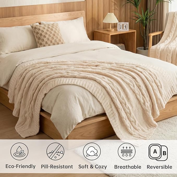 Cable Knit Throw Blanket 50x60 for Couch, Buttery Soft Textured Decorative Knit Blanket, Lightweight Microfiber Sofa Throw for Living Room, Farmhouse Home Decor, Ivory White