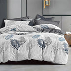 ALEISSEL Natural Cotton 3pcs Botanical Comforter Sets King Size-Dark Gray Comforter with Luxurious Blue & Gray Leaves on White, Reversible Lightweight Floral Bedding Sets(King 104"×90")