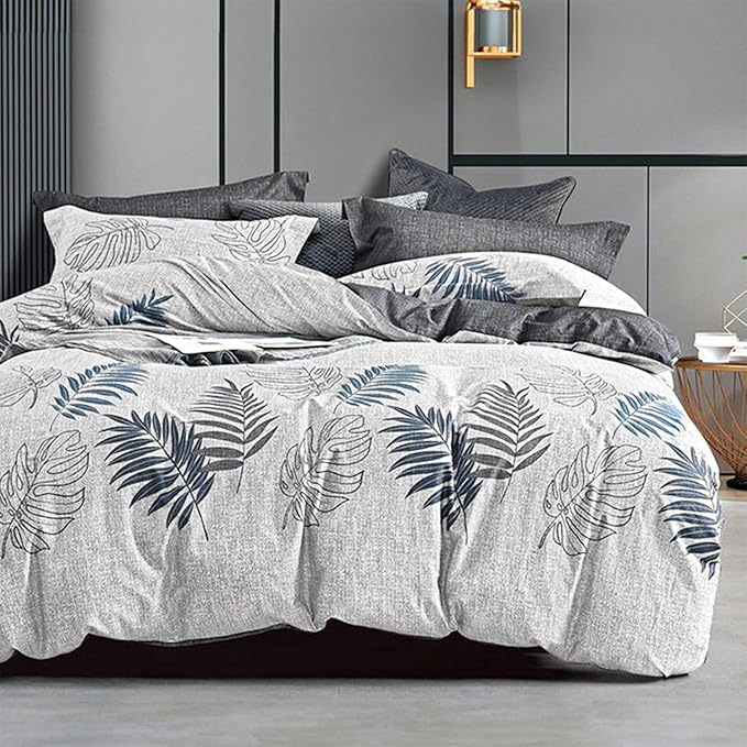 ALEISSEL Natural Cotton 3pcs Botanical Comforter Sets King Size-Dark Gray Comforter with Luxurious Blue & Gray Leaves on White, Reversible Lightweight Floral Bedding Sets(King 104"×90")