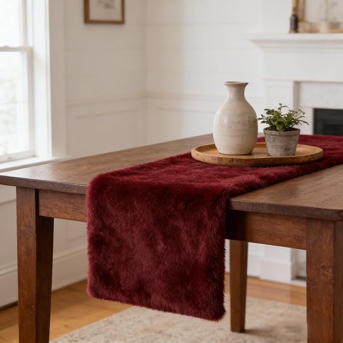 duduta Burgundy Faux Fur Table Runner 72 inches Long, Fluffy Dresser Runner Covers Holiday Wedding Home Decor