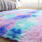 Fluffy Shaggy Area Rug for Girls Bedroom, 4 x 6 Feet Modern Fluffy Area Rug, Purple Blue Tie Dye Soft Plush Carpet for Living, Kids Girls Boys Teens Room, Bedsides, Home Office Decor