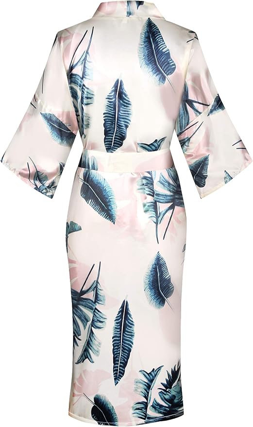 Valennia Women Long Silky Bathrobe Satin Kimono Robe Floral Printed Dressing Gown Sleepwear