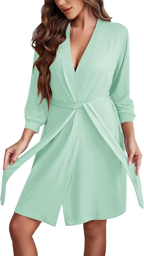 Ekouaer Women‘s Robes Lightweight 3/4 Sleeve Short Knit Bathrobe Soft Knee Length Sleepwear Robes with Pockets S-XXL