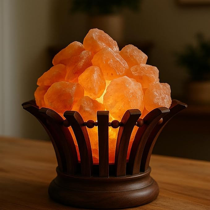 Himalayan Salt Lamp Basket – Salt Lamp with Wooden Bowl – Authentic Himalayan Crystal Night Light – Natural Pink Rock for Bedroom, Living Room, Office and Decor Gift
